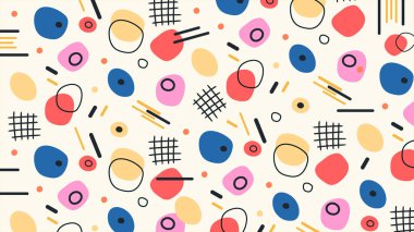 Eğlenceli ve soyut bir illüstrasyon. İçinde krem rengi arka plandaki oklar ve yıldızlar gibi renkli geometrik karalamalar var. Çocuklar, tekstil ve yaratıcı tasarım projeleri için harika..