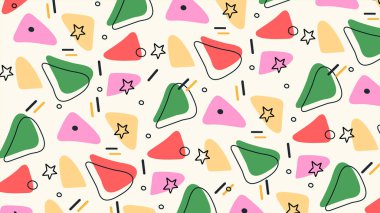 Yeşil, pembe, kırmızı ve sarı üçgen şekilli tuhaf soyut çizimler, krem rengi bir tabanda elle çizilmiş karalamalar ve anlamlı vuruşlar..