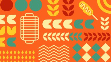 BBQ elementleri, ızgara araçları, besin çizimleri ve geometrik motifleri içeren retro-stil bir arka plan. Gıda ambalajı, parti dekorasyonu ve yaz temalı dijital tasarımlar için ideal.