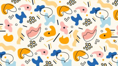 Oyuncu soyut arka plan, canlı karalamalar, kıvrımlı şekiller ve yumuşak krem tonunda gülümseyen yüzler. Yaratıcı tasarım için canlı ve neşeli görsel.