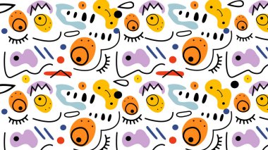 Komik yüz ifadeleri ve dinamik formlarla soyut şekiller içeren renkli bir kompozisyon. Çocuklar için ideal, markalaşma, ya da eğlenceli ve ilginç görsellere ihtiyaç duyan yaratıcı tasarım..