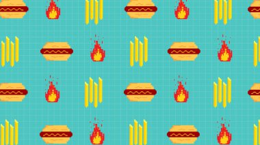Burger, patates kızartması ve alevlerin mavi şebeke arka planında sergilendiği bir pikseldir. Fast food markaları, dijital tasarımlar, retro oyun estetiği, restoran grafikleri, yaratıcı projeler için harika..