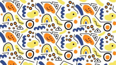 Beyaz arka planda canlı renklerle gülümseyen ve şaşırmış yüzlere sahip soyut karalamalar. Çocuk tasarımları, yaratıcı baskılar ve eğlenceli dekorlar için mükemmel..