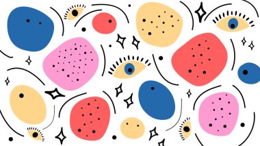 Renkli soyut lekeler, el yapımı gözler, yıldızlar ve beyaz arka plandaki noktalarla birleşmiş. Cesur, modern ve anlamlı bir görsel stil..