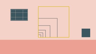 Yumuşak bir pastel arka planda yuva yapmış kareler ve ızgara elementleri içeren minimum soyut bileşim, temiz ve yapılandırılmış bir görsel sanat eseri oluşturur..