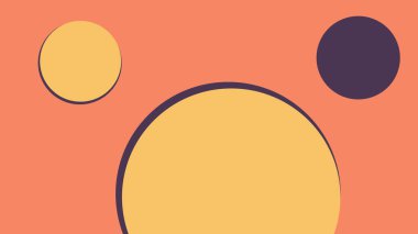 Mercan turuncu zemin üzerinde sarı ve koyu mor tonlarda üç kalın dairesel şekilli modern soyut sanat eserleri. Temiz, minimal ve görsel olarak çarpıcı geometrik tasarım.
