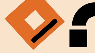 Çağdaş sanat eserleri, geometrik minimalizmden esinlenerek, bej bir arka planda açısal turuncu şekilleri katı siyah formlarla birleştirmektedir..