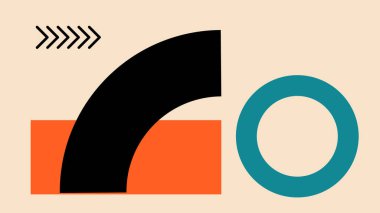 Kalın siyah bir kavis, turuncu bir dikdörtgen ve yumuşak bej arkaplanlı, oklu bir deniz mavisi dairesi içeren asgari soyut çizimler. Basit ama güçlü..