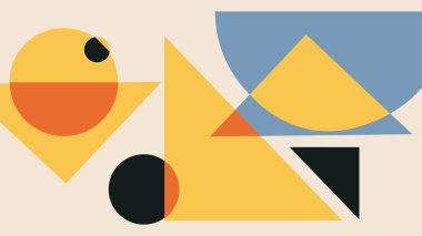 Katmanlı turuncu kareler ve yuvarlak kapsül şeklinde krem bir arka planda mavi ve siyah olan soyut bir düzen. Basit ama çarpıcı..