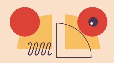 Kırmızı daireli minimalist soyut sanat eserleri, kıvrımlı sarı elementler, ve yumuşak bir zemin üzerinde sıvı çizgiler, dinamik ve modern bir kompozisyon oluşturur..