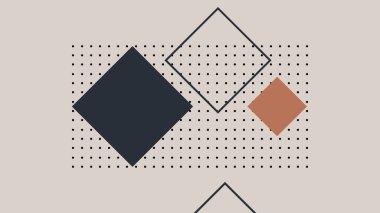 Noktalı doku arka planında üst üste binen ve döndürülen kareler ile yaratıcı soyut sanat eserleri, kontrastı ve basitliği temiz bir bej görsel ortamda birleştirerek.