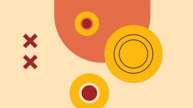 Canlı bir görsel tarz için yumuşak bej arka planda cesur daireler, küçük haçlar ve dinamik geometrik elementler gösteren yaratıcı soyut sanat eserleri.