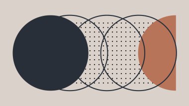 Geniş üst üste binen daireleri, ana hatları olan yaratıcı minimalist sanat eserleri ve nötr bir arkaplan, altı çizili yapı ve modern tarz üzerine noktalı bir şebeke..