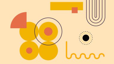 Açık bej arkaplan üzerinde koyu sarı dairesel şekiller, dinamik çizgiler ve yaratıcı şekiller içeren minimalist soyut sanat eserleri.