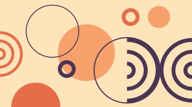Canlı bir görsel efekt için açık bej arka plan üzerinde cesur daireler, spiral elementler ve dinamik anahatlar içeren yaratıcı minimalist soyut kompozisyon.