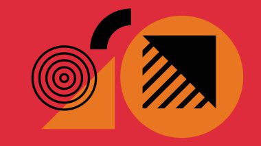 Çarpıcı siyah çizgiler, turuncu ve kırmızı şekiller ve canlı kırmızı arkaplanda dinamik görsel kompozisyon içeren soyut geometrik çizimler.