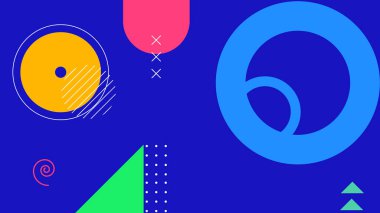 Renkli daireler, üçgenler, spiraller ve parlak mavi arkaplan üzerinde minimum modern elementlerle yaratıcı soyut geometrik tasarım..