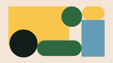 Dikdörtgenler, daireler ve yuvarlak şekilli yeşil, mavi, sarı ve siyah renkli soyut bir kompozisyon. Markalaşma, tasarım şablonları ve yaratıcı arka planlar için ideal.