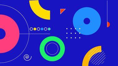 Modern mavi arkaplanda renkli daireler, çizgiler, spiraller ve eğlenceli dinamik şekillerle canlı soyut geometrik kompozisyon.