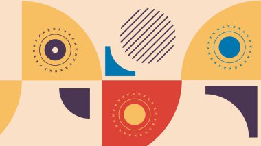 Dairesel elementler, çeyrek şekiller ve bej bir arka plan üzerinde noktalı formlar ile oyuncu soyut kompozisyon, güçlü geometrik kontrast ile cesur ve modern bir görsel oluşturur.