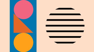 Çemberler, üçgenler ve açık arkaplan üzerinde çizgili cesur bir şekil olan basit bir soyut tasarım. Markalaşma, web veya yaratıcı tasarım projeleri için temiz modern tasarım.