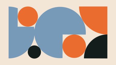 Açık arkaplanda üst üste binen turuncu, mavi ve siyah şekilli, geçmişe dönük soyut çizimler. Yaratıcı projeler ve arka planlar için modern ve minimal tasarım.