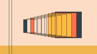 Turuncu, sarı ve kahverengi tonlarda katmanlı dikdörtgenlerle bej bir arkaplan üzerinde Geometrik soyut bileşim, derinlik oluşturur