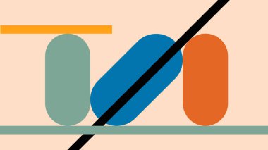 Yuvarlak soyut şekilli, yeşil, mavi ve turuncu çizimler siyah çapraz şeritle kesişiyor. Tasarım projeleri için modern ve modern geometrik görsel.