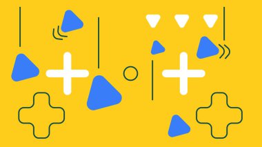 Sarı arkaplandaki kalın, soyut yerleşim artı işaretler, üçgenler ve dinamik oklar. Dijital görseller ve marka tasarımı için harika.