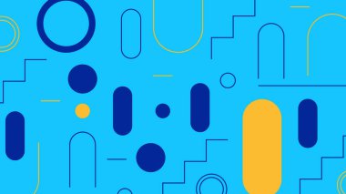 Derin mavi bir zeminde soyut sarı ve mavi şekilli dinamik bir arka plan. Yaratıcı, teknolojik ya da modern grafik tasarımı için ideal.