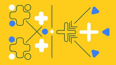 Canlı sarı arka planda artı işaretleri, noktaları ve üçgen şekilleri olan yaratıcı soyut sanat eserleri. Teknolojik markalaşma, web görselleri ve dijital sanat için harika..