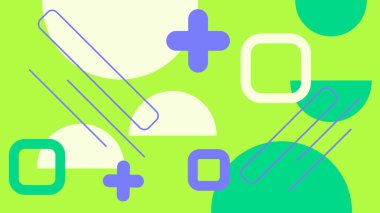 Parlak mavi arkaplanda mavi, sarı ve koyu mavi şekilli dinamik soyut tasarım. Modern dijital projeler ve yaratıcı tasarım temaları için mükemmel.