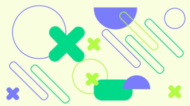 Renkli haçları, daireleri ve yuvarlak çizgileri olan enerjik soyut tasarım. Modern markalaşma ve dijital görseller için mükemmel.