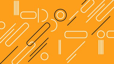 Kapsülleri, daireleri ve turuncu arkaplandaki açılı çizgileri olan enerjik soyut tasarım. Dijital projeler ve görsel marka kullanımı için ideal.