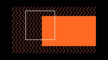 Siyah üzerine katmanlı turuncu ve beyaz daireleri olan soyut grafik, dinamik zigzag çizgilerine karşı ayarlı. Modern tasarım projeleri ve marka görselleri için mükemmel..