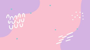 Yumuşak pembe ve mor şekilli soyut bir düzen, küçük noktalı elementler ve beyaz karalamalar. Özgeçmiş, baskı ya da çocuk medyası için harika.