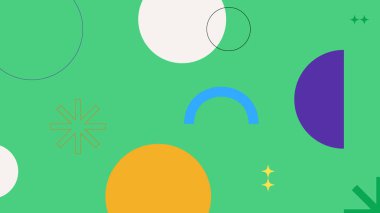 Canlı yeşil tuval, renkli yarım daireler, yıldızlar ve dış hatlar, eğlence ve çağdaş tasarım estetiği için mükemmel.