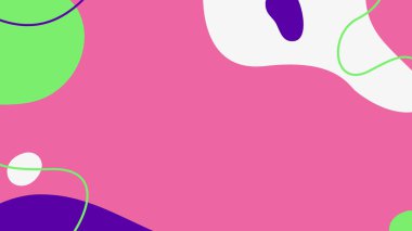 Enerjik, yaratıcı ve genç görseller için kıvrımlı yeşil, mor ve beyaz elementlerle dolu canlı pembe bir düzen..