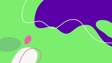 Yumuşak yeşil taban canlı, dalgalı şekillerle dolu mor ve pembe, kıvrımlı çizgilerle vurgulanmış.