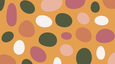 Hardal arkaplan üzerinde pembe, yeşil ve sönük beyaz renkli soyut ovalar. Neşeli ve cesur tasarım temaları için ideal..