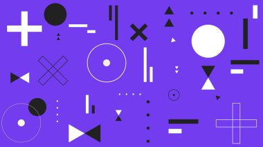 Menekşe üzerinde siyah ve beyaz geometrik şekiller olan soyut bir düzen. Teknoloji görselleri, grafik şablonları ve modern sanat için ideal.