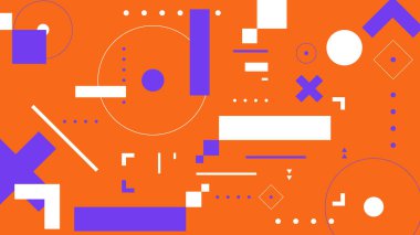 Turuncu üzerine beyaz ve mor şekilli modern geometrik kompozisyon. Posterler, markalar ve grafik projeler için harika..