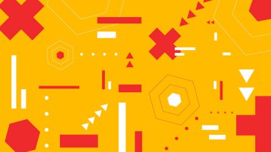 Kırmızı soyut şekilleri, haçları ve çizgileri olan parlak sarı bir arkaplan. Enerjik markalaşma ve dijital görseller için mükemmel.