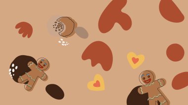 Sarmal ruloların, kırık kurabiyelerin ve koyu çikolata parçalarının açık kahverengi bir zemin üzerinde akışkan soyut tatlı elementlerinin zengin tonlarda gösterimi..