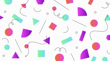 Canlı ve dinamik soyut illüstrasyon retro geometrik karışımı içeriyor. Modern tasarım projeleri, web ve dijital sanat için ideal. Tekrarlayan ögeler yok.