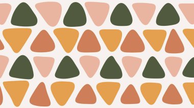 Açık bir zeminde hardal, şeftali ve yeşilde yuvarlak üçgenler tekrarlanıyor. Retro ve halk tarzı tasarımlar için harika..