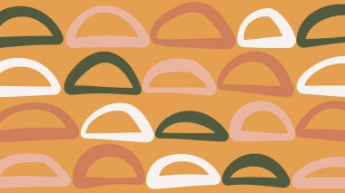 Hardal arkaplanı üzerine retro tonlarda çizilmiş soyut yarım daire ögeleri, klasik temalı görseller için mükemmel..