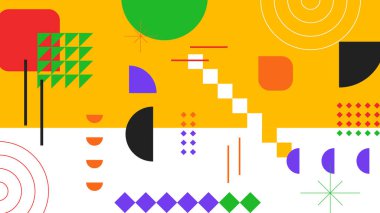 Yeşil, kırmızı, mor ve turuncu-beyaz üzerinde sarı soyut raster şekilleri olan parlak bir arkaplan. Yaratıcı tasarım içeriği için harika.