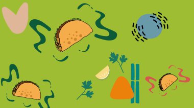 Soğan halkaları ve açık sarı-portakallı karalama elementleriyle nefis taco yarıları. Sokak yemekleri reklamları ve günlük yemek tasarımları için harika..