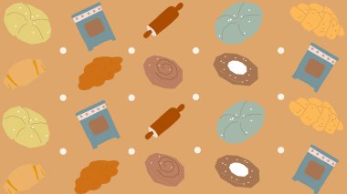 Ilık bej yemek temalı arka plan fırınlar, ekmek ruloları, tarçınlı çörekler ve mutfak içeriği oluşturma için pişirme araçları.